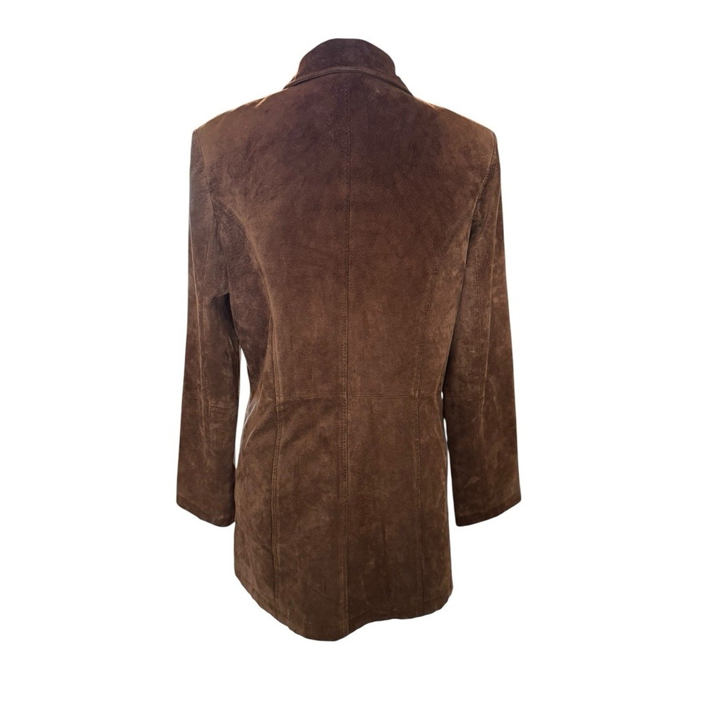 Vintage Brown Suede Leather Jacket Mid Length Coat Pointed Collar Chocolate M - Picture 4 of 9